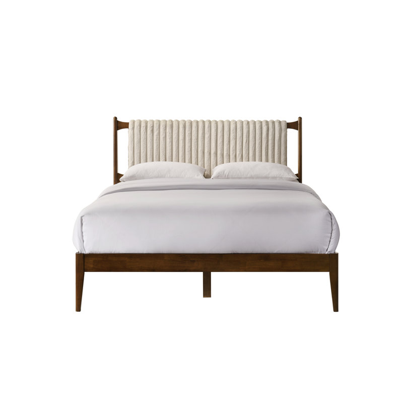 Lit plateforme en bois massif avec tête de lit tapissier Ava, Walnut, Grand