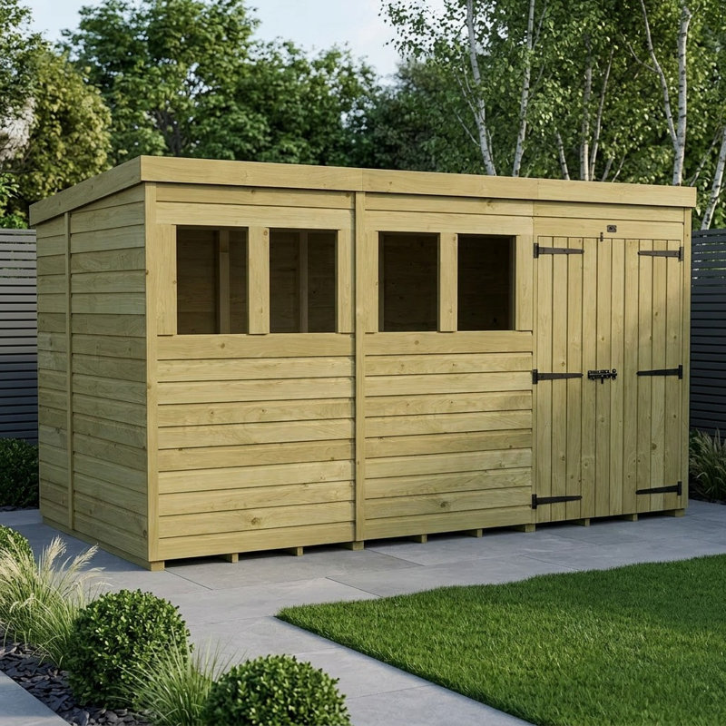 Total Sheds 12ft x 5ft Pent Garden Shed - Double Door - With Windows - Pressure Treated Timber - UK Manufactured