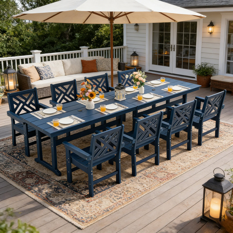 Ensemble de salle à manger de patio Hdpe toutes saisons avec trou pour parasol, 8