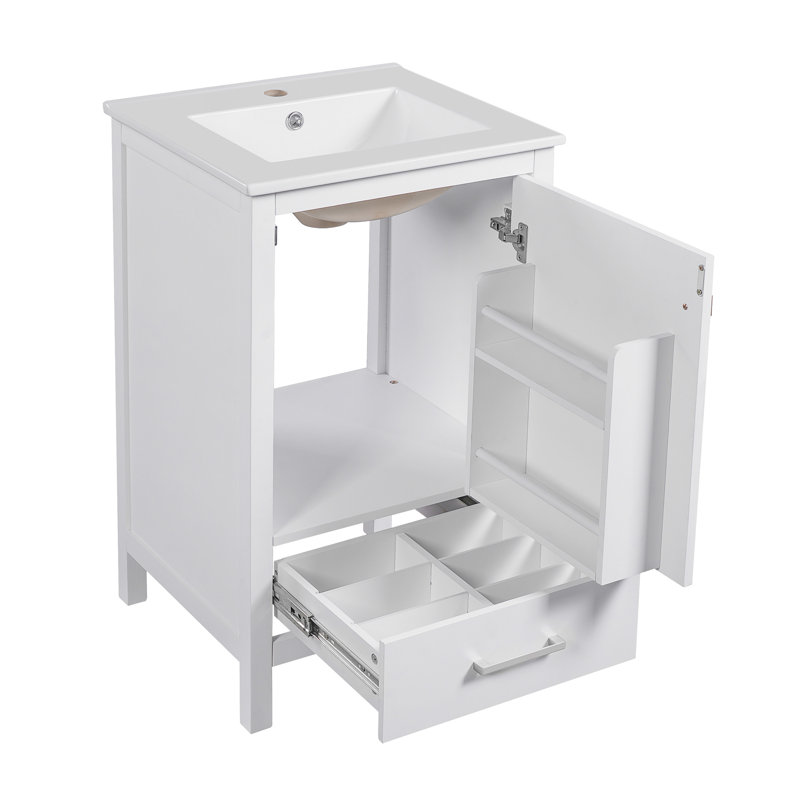 Meuble-lavabo moderne de 20 pouces avec lavabo en céramique, tiroir et porte à fermeture en douceur, organisateur de porte double couche, tiroir de séparation, patins réglables - conception de rangement peu encombrante