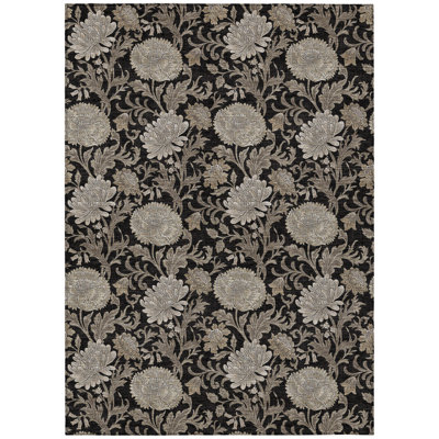 10' X 14' Black Taupe And Beige Floral Washable Indoor Outdoor Area Rug