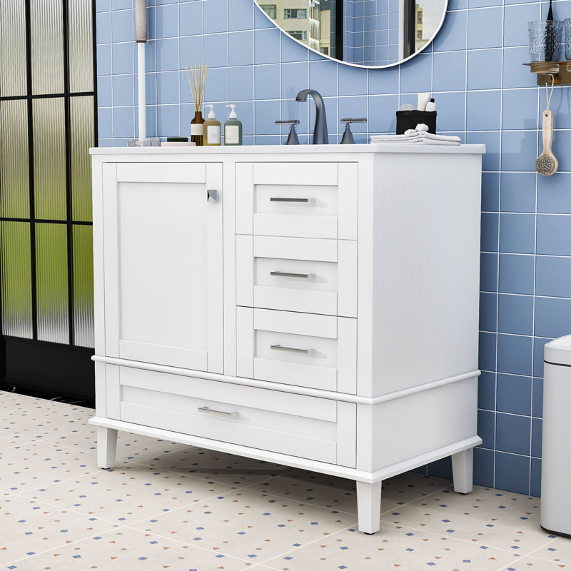 Bathroom Vanity with Soft-Close Doors, Overflow Basin and Versatile Storage, White/Silver