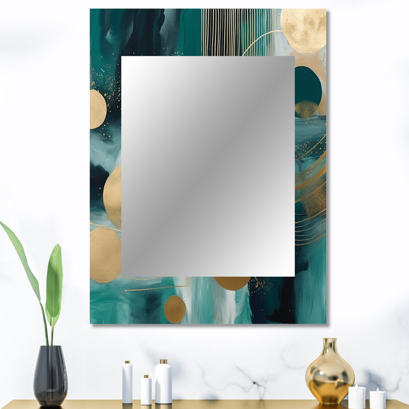 Vive, émeraude et contours dorés cercles V - miroir décoratif de formes abstraites, miroir mural moderne, impression d'art en métal