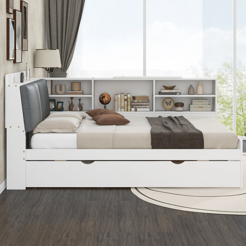 Lit plateforme en bois robuste | Tête de lit avec rangement, tablette rotative et lit gigogne pour chambre d'amis, Blanc