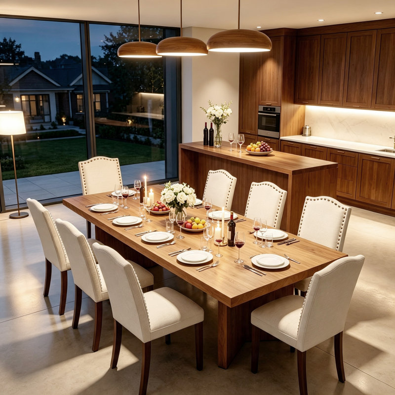 Ensemble de salle à manger rectangulaire de style campagnard 7 pièces en bois massif avec 6 chaises de salle à manger rembourrées et recouvertes de tissu
