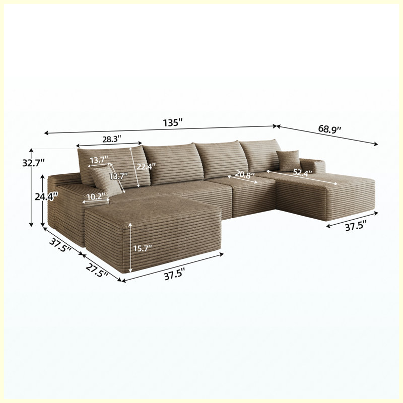 Canapé modulaire 135 po avec repose-pieds Cloud, siège profond en forme de U minimaliste moderne, aucun assemblage requis, velours côtelé