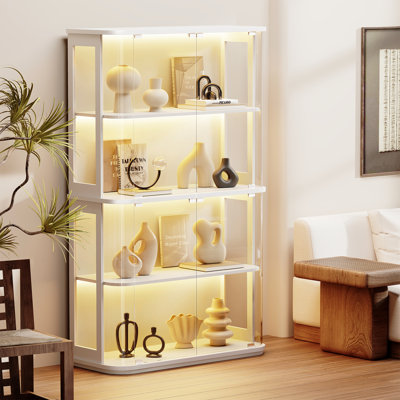 Display Cabinet With Glass Door, 4-tier Curio Cabinet With 3 Color Lights For Collectibles, Glass Display Case With Transparent Full-display Surface, by Wrought Studio