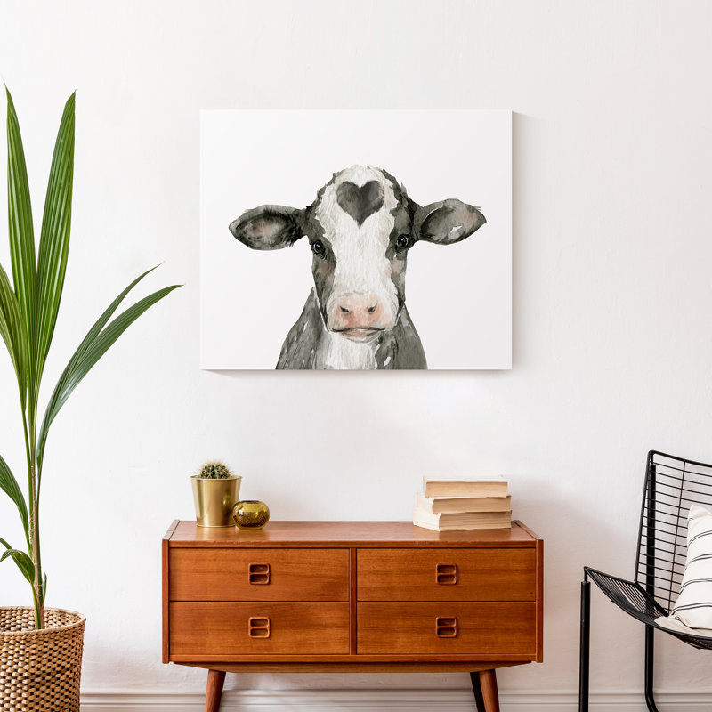 Vache avec cœur, reproduction sur toile, H 20 po x l 24 po