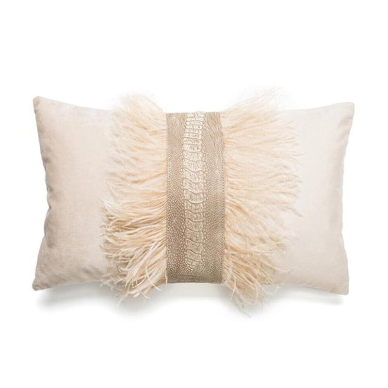 Velvet Lumbar Pillow w/ Feather Trim, Wheat