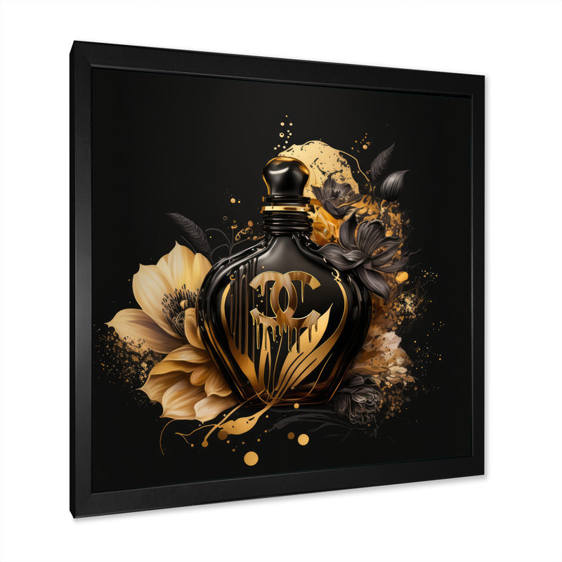«Chic Black and Gold Perfume Bottle VII», reproduction d'art sur toile encadrée, H 24 po x l 24 po x P 1 po