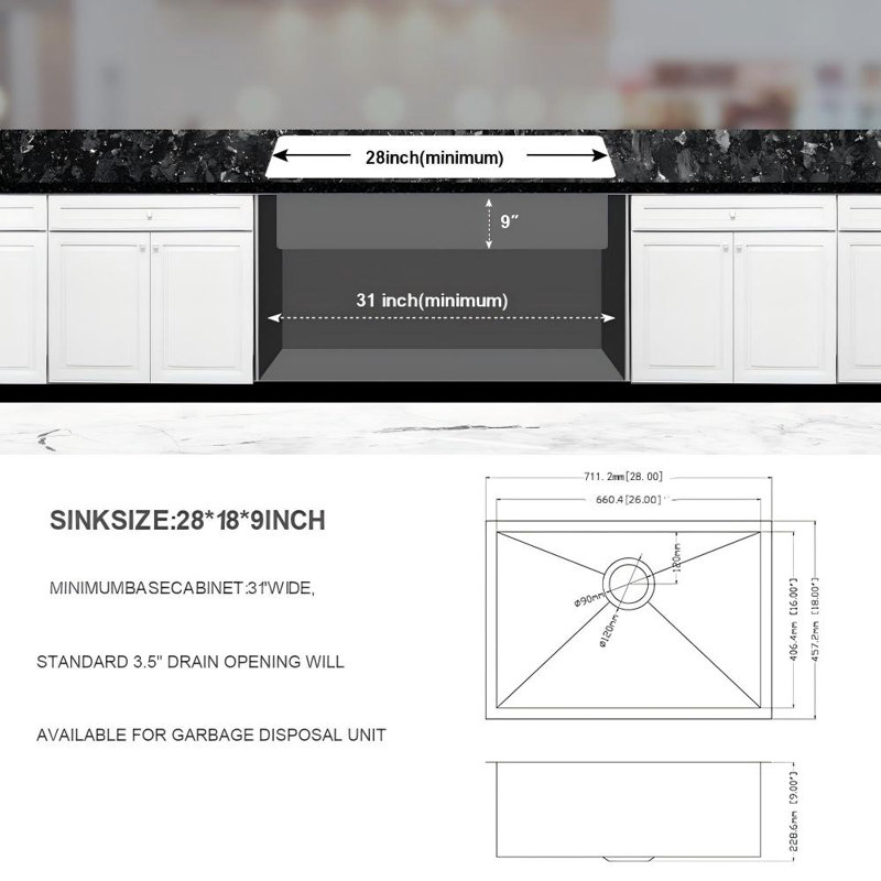 Évier de cuisine 28 "à simple cuve encastrable 28" avec ensemble de drain encastrable 28 "| Gift Idea