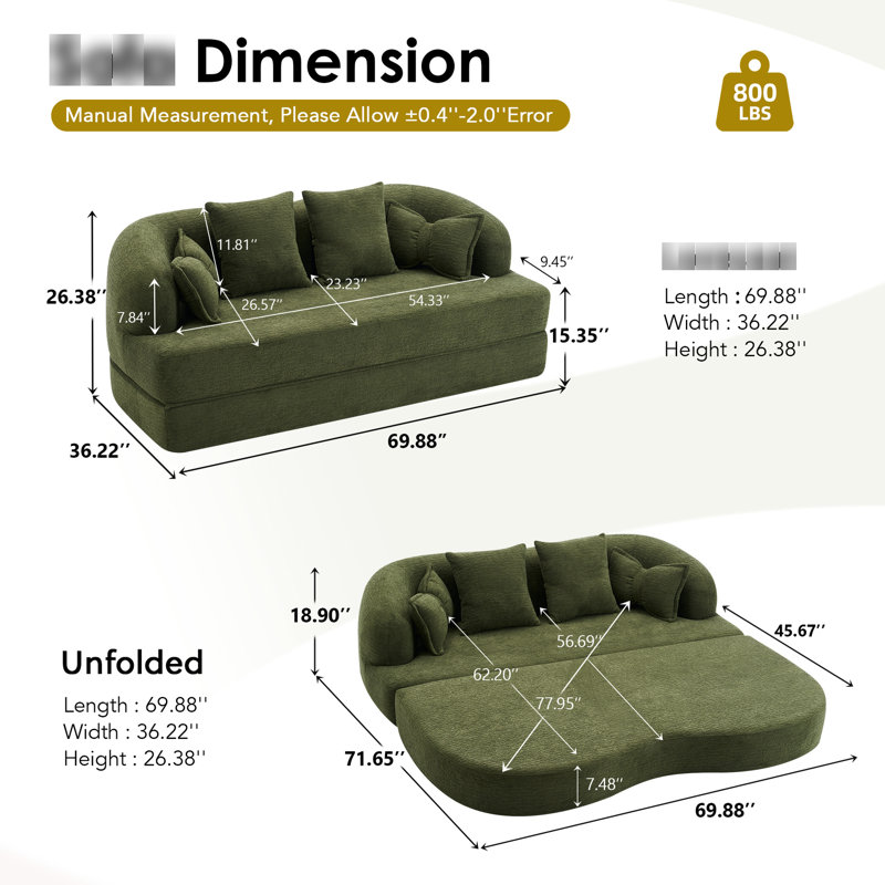 Lit pliant 70 pouces 21 pouces, canapé-lit convertible avec 4 oreillers, tissu chenille texturé, mousse haute densité, conception sans ressorts pour appartement/salon