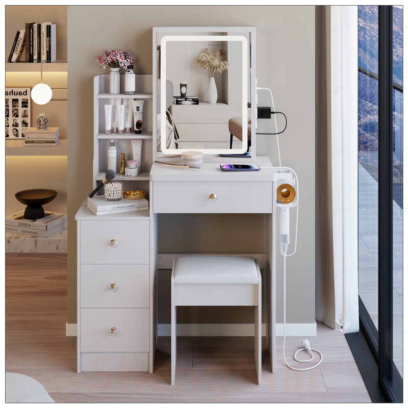 Table de meuble-lavabo compacte avec tabouret rembourré, miroir à DEL et centrale électrique, idéale pour les petits espaces et une utilisation multifonctionnelle.