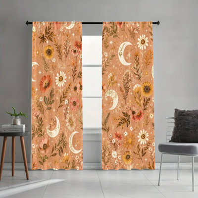2 PCS Esthétique Boho Sunburst Fleur Lune Étoile Céleste Filtrant La Lumière Passe-tringle Rideaux, Délicat Botanique Ciel Imprimé Rideaux de Fenêtre, Toutes Les Saisons Chic Décorations pour le salon, Chambre, Dortoir, Doux Couvre-fenêtre Floral Céleste