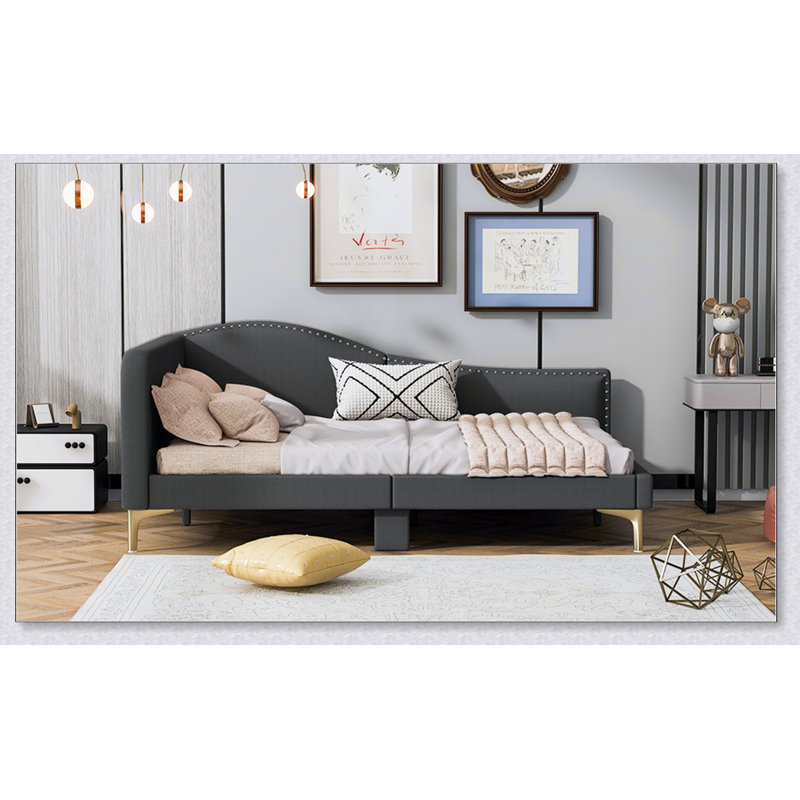 Lit de jour rembourré avec tête de lit et accoudoirs, pieds de soutien, Complet/Double, Gris