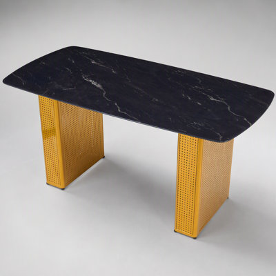 Modern Rectangular Tempered Glass Dining Table with Marble Pattern and Gold Dual-Pedestal Legs, Perfect for Dining Rooms and Home Offices