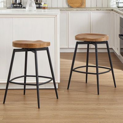 Lennon 24.8"H Industrial Solid Wood Swivel Backless Counter Stools with  Metal Base