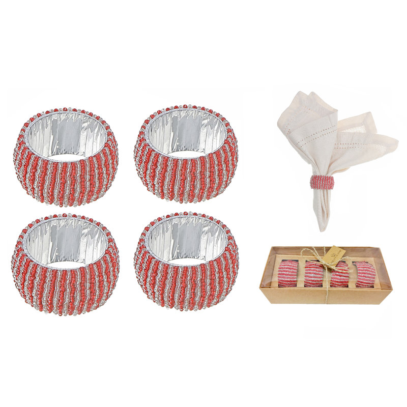 Red and Silver Beaded Glass Napkin Rings Set of 4