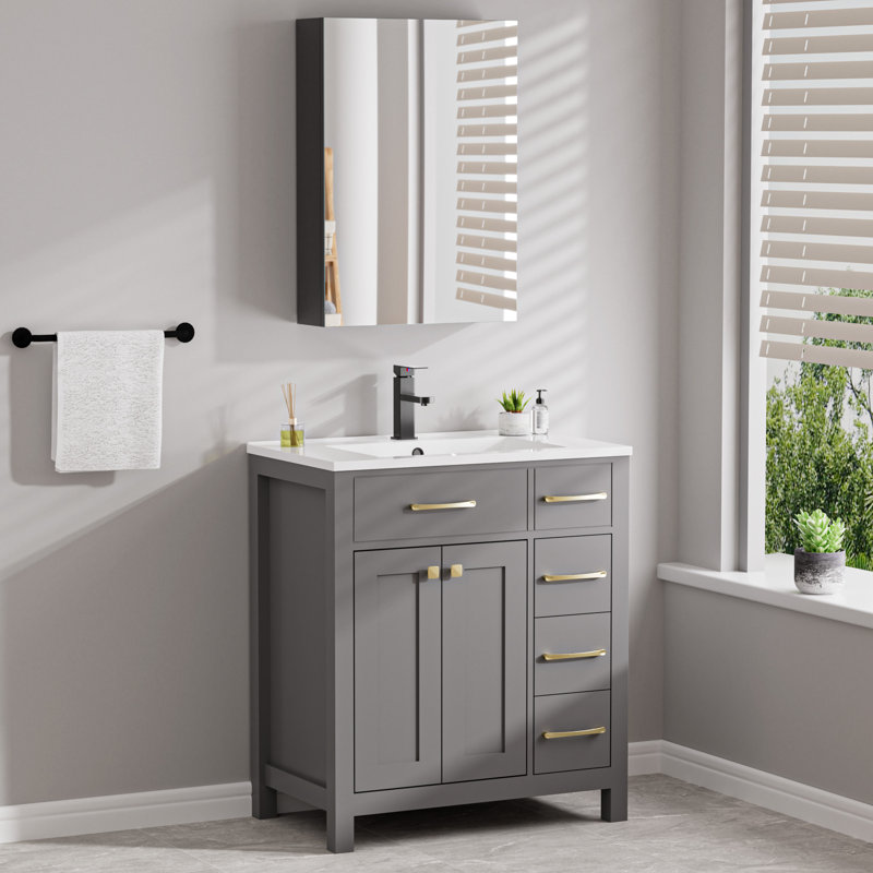 Meuble-lavabo de salle de bain autoportant 30 po avec comptoir d'évier, armoire de rangement à miroir murale 20 po, robinet et bonde