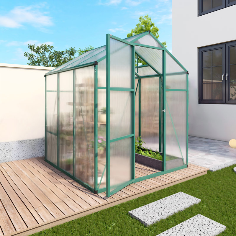 6X6 FT Polycarbonate Walk-In Greenhouse, Aluminum Frame, Green, 6.1' H x 6.1' W x 7.2' D