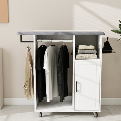 Compact White E1 Ironing Cart With Board, Ideal For Laundry And Kitchen, Space - Saving Functional Adjustable Shelf Rolling Multipurpose Cabinet Kitchen Bedroom, Heat Cover