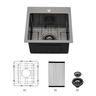 15*15*9 Inch Drop In Kitchen Sink Gunmetal Black Topmount 16 Gauge Deep Single Bowl Stainless Steel Sink Basin