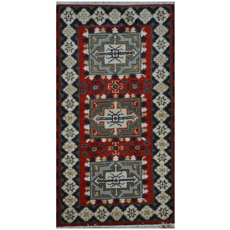 Tapis unique en laine noué à la main rouge / noir / gris 2 pi x 4 pi Kazak