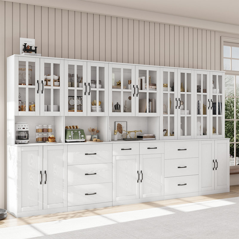 Garde-manger 71 po x l 23,6 po avec bibliothèques et huche de porte en verre, Blanc