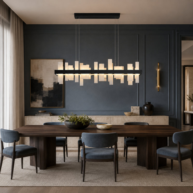 Cataleya Dimmable LED Kitchen Island Square / Alabaster Rectangle Chandelier, Matte Black