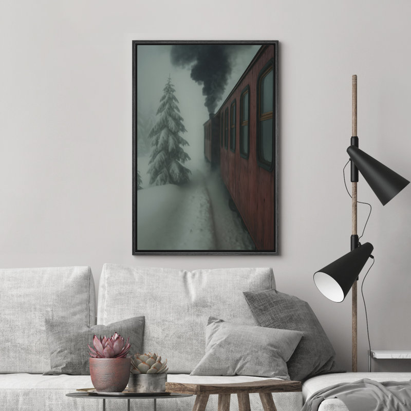«Red Train Passing Through Snowy Winter Forest», reproduction d'art sur toile encadrée dans la chambre principale, Noir