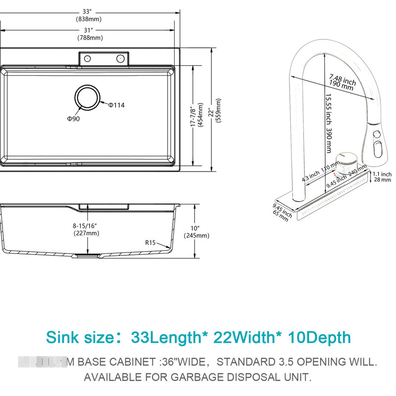 Drop In Black Quartz Sink 33X22", Workstation Notion With Pull-Out Faucet & Waterfall Lustre Kitchen - 33X22" Single Bowl Accessories