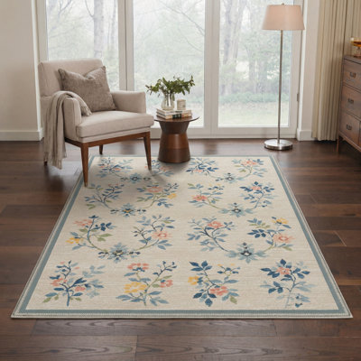 Verdura Floral Machine Washable Beige / Green / Blue Indoor Area Rug with Non-Slip Backing