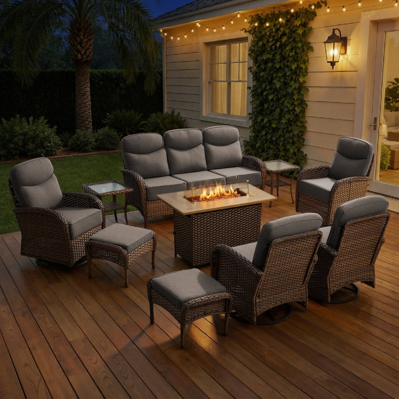 10-Piece Outdoor Wicker Garden Family Night Time Conversation Set With Swivel Chairs And Fire Pit Table, Gray