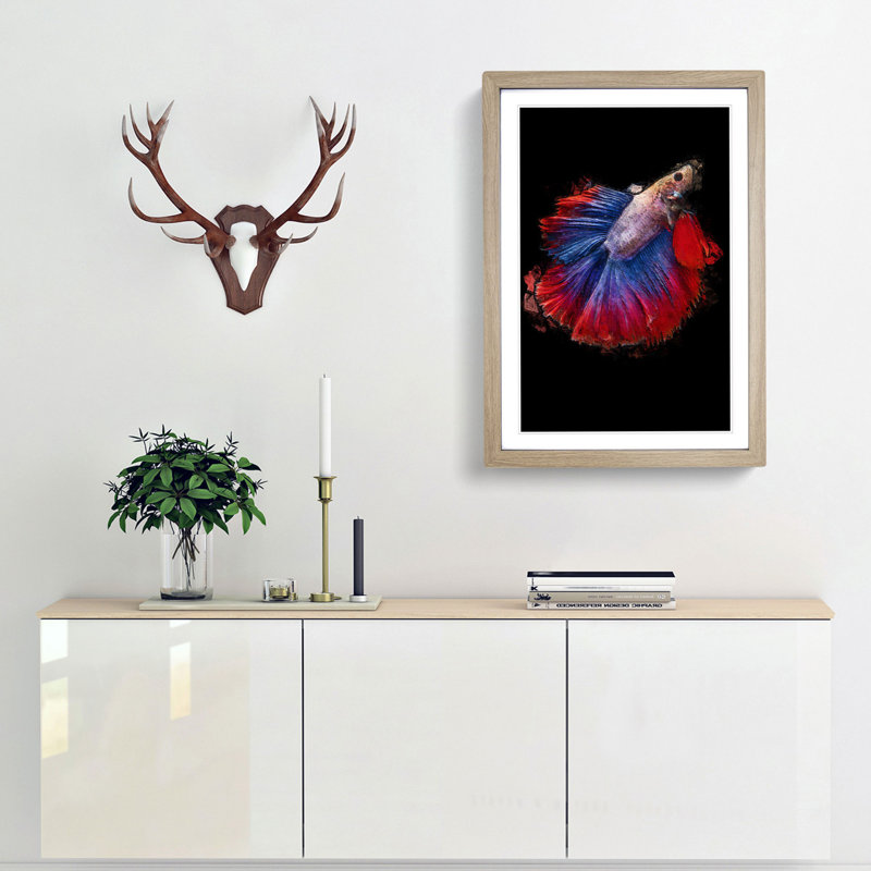 Siamese Fighting Fish in Abstract - Picture Frame Painting Print, 36cm H x 27cm W x 2cm D, Oak Framed