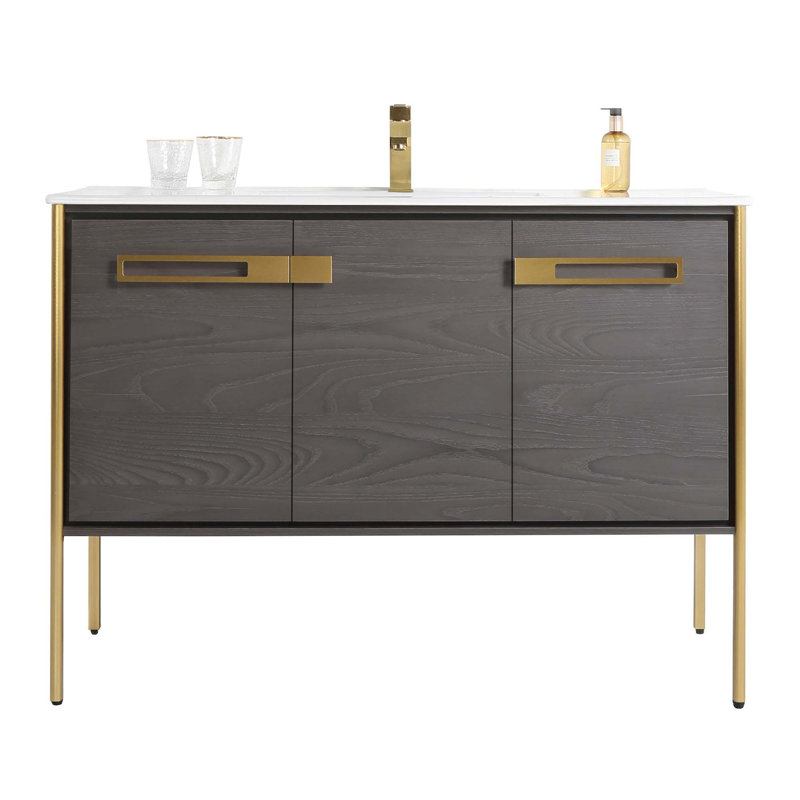 48" Single Bathroom Vanity, Satin Brass, Black Coal Oak