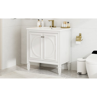 Meuble-lavabo blanc de 30 po avec lavabo, porte à fermeture en douceur rétro, rangement abondant, lavabo en céramique, bois véritable et saveur, tablette réglable