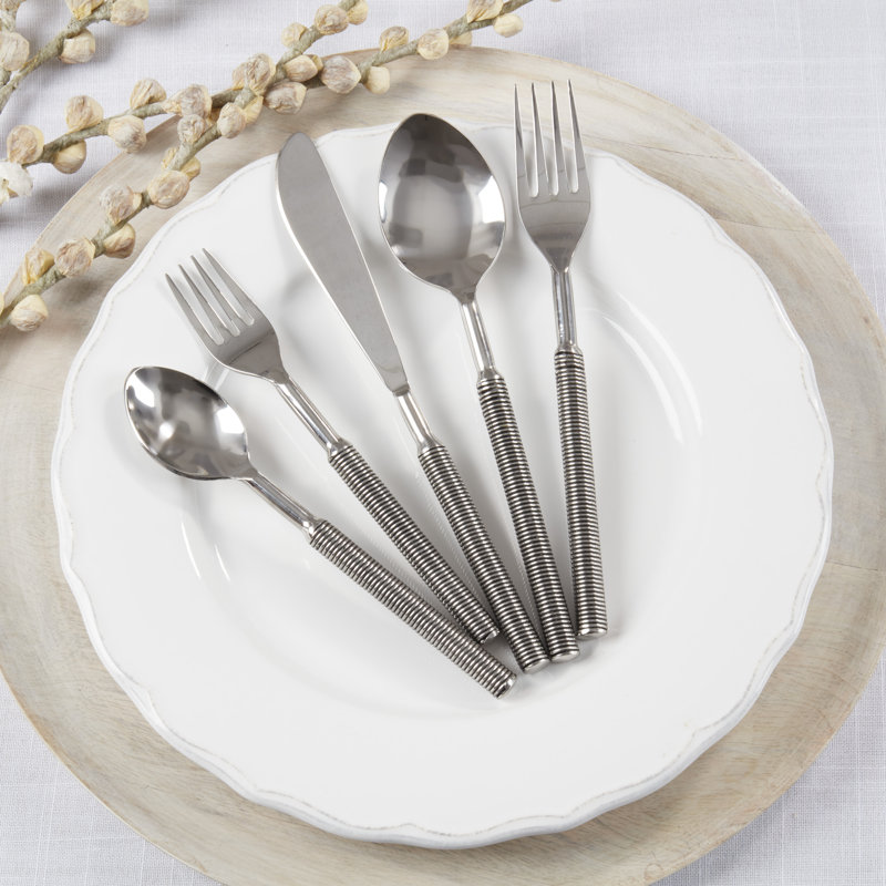 Sleek Ribbed Stainless Steel Flatware Set, Silver, 5-Piece