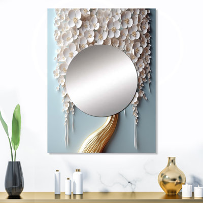 Orchidée blanche Kipenie, jardin de branches VI - miroir décoratif d'arbre floral, miroir mural blanc, impression d'art en métal