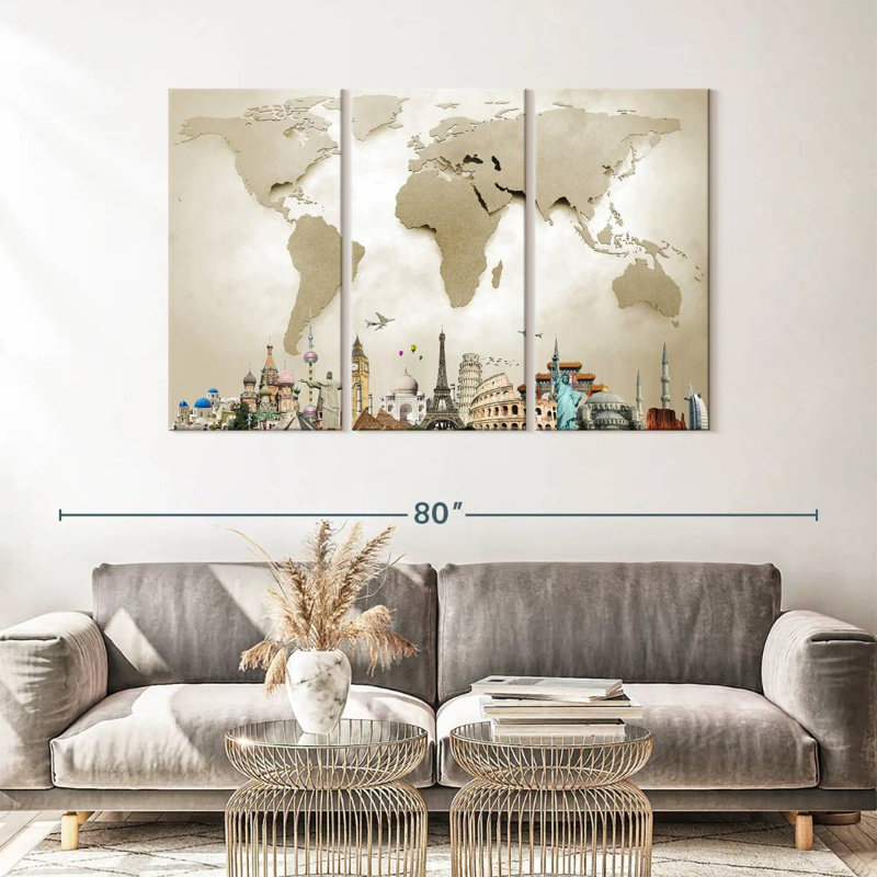 «Minimalist Travel To Places World Map», reproduction sur toile, H 36 po x l 57 po x P 1,25 po