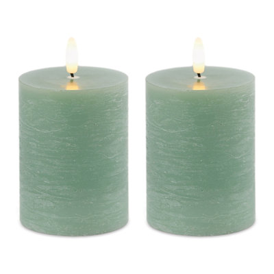 Set of Two Green Unscented Candle Flameless Pillar Candles