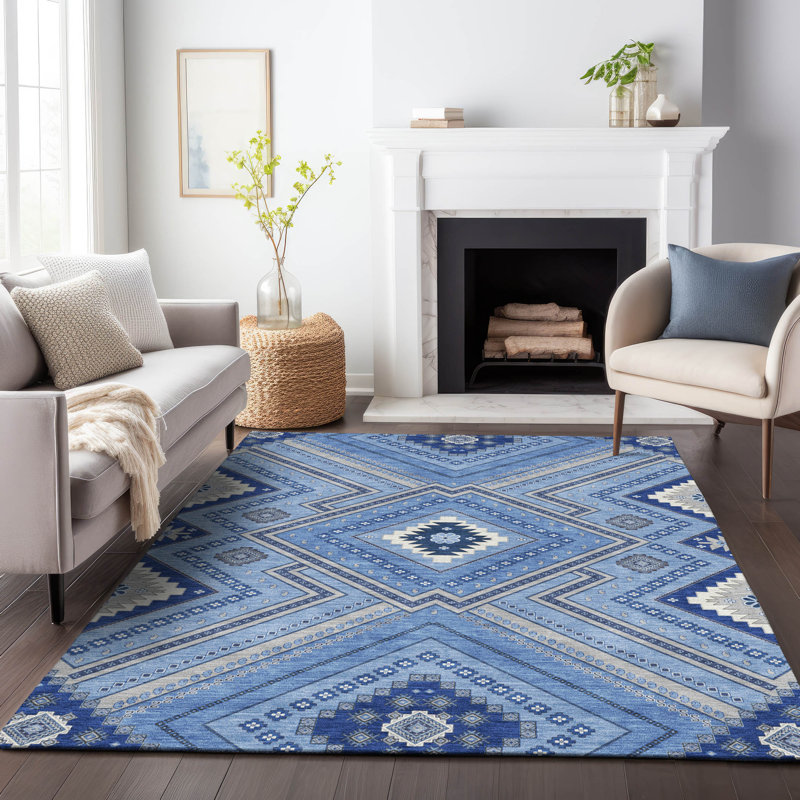 Blue Tribal Pattern Washable Synthetic 8' x 10' Rug