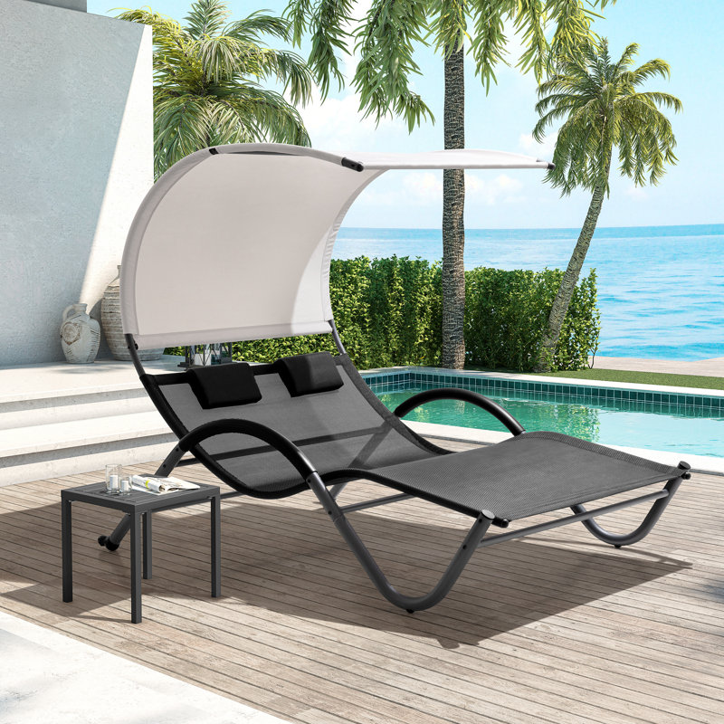 Harnden Outdoor Metal Double Chaise Lounge with Canopy, Gray