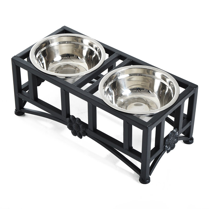 Elevated Double Stainless Steel Pet Feeding Station with Iron Frame