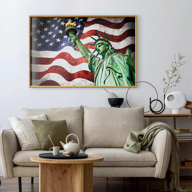 Framed Poster - Statue and flag, Gold Single Picture Framed, 11.69" H x 16.54" W