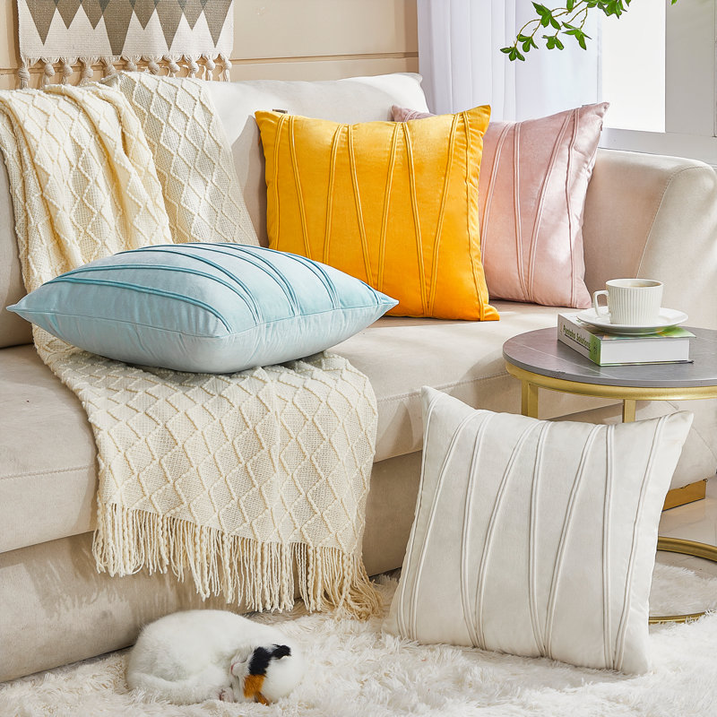 Geometric Velvet Pillow Cover, 18" x 18", Yellow