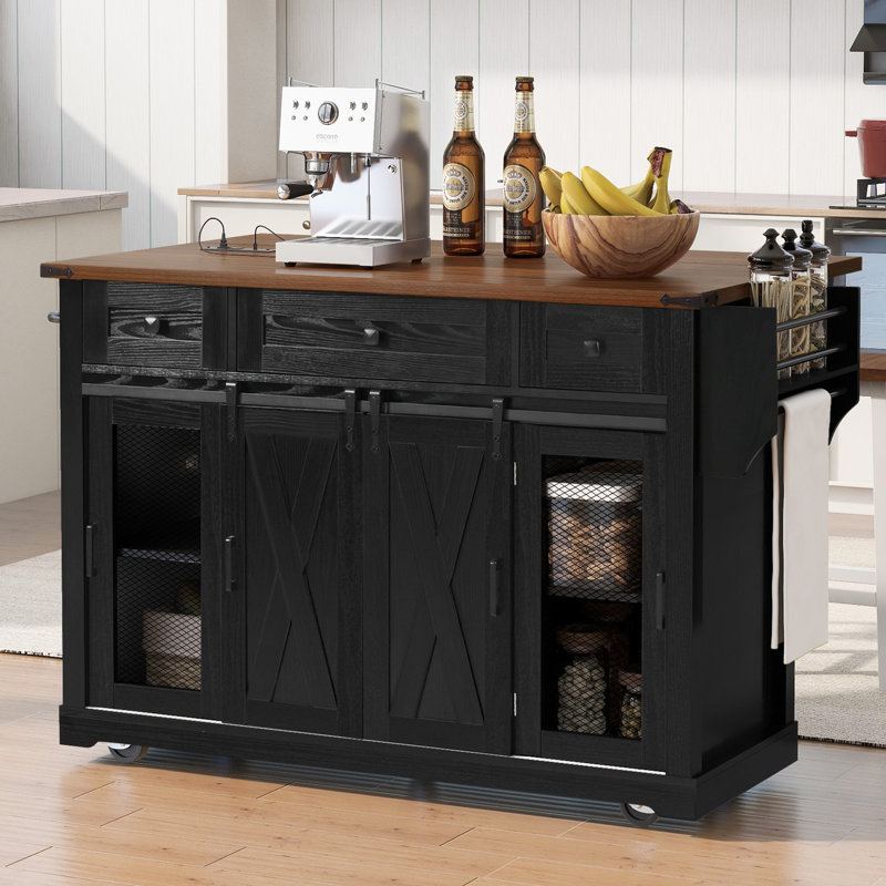 Lunara Kitchen Island with Drop Leaf, 4 Doors, 3 Drawers, and Adjustable Shelves, Black