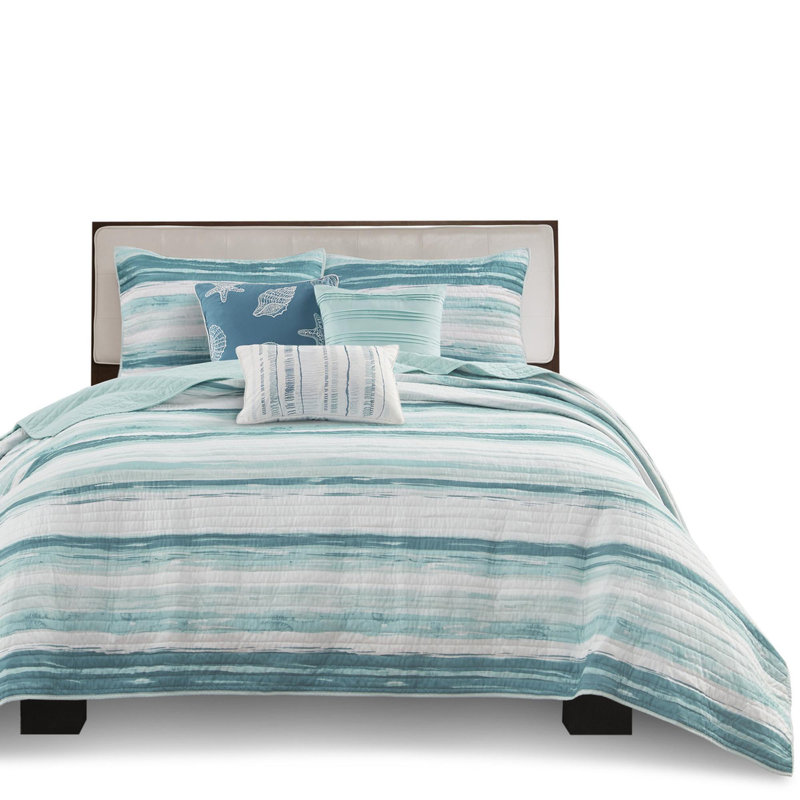 Polyester Printed Reversible Quilt Set of 6, Aqua, King Quilt + 5 Additional Pieces