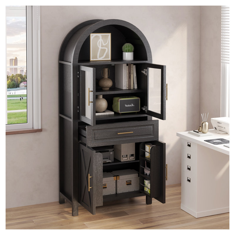 Armoire de cuisine 71 po en bois aggloméré noir avec porte en verre arquée, tablettes réglables et porte de grange pour le rangement de la salle à manger