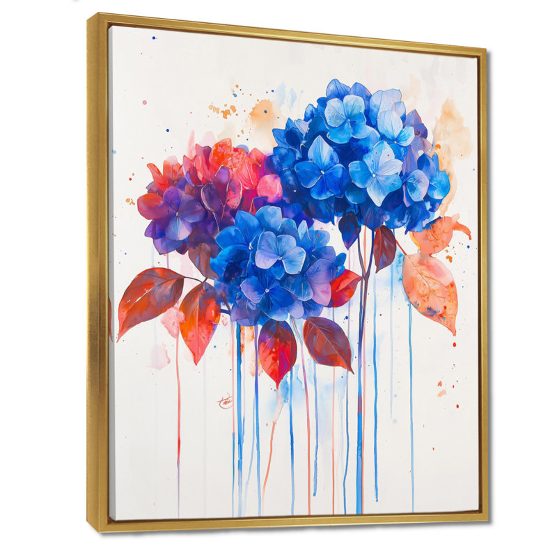 Hydrangées bleues et rouges dans un style graffiti, Hortensia III - hydrangées, art mural, H 44 po x l 34 po, Doré