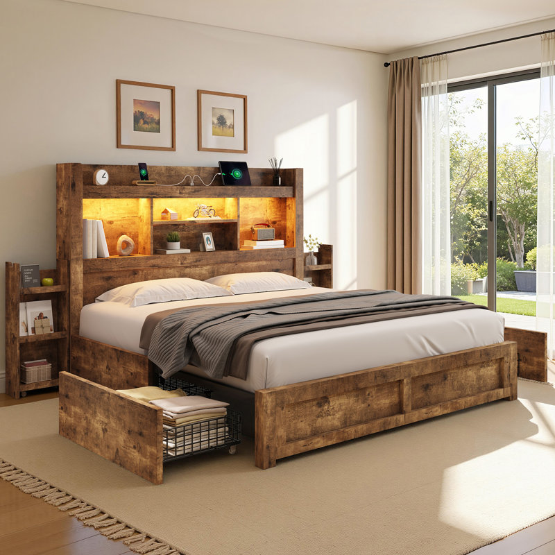 Structure de lit grand Sherell avec 4 tiroirs de rangement, brun, Grand, Brun
